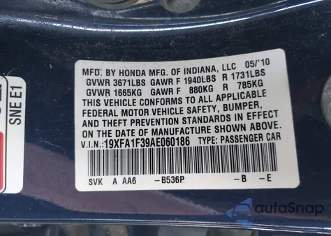 2010 Honda Civic Vp from USA, damaged, VIN 19XFA1F39AE060186